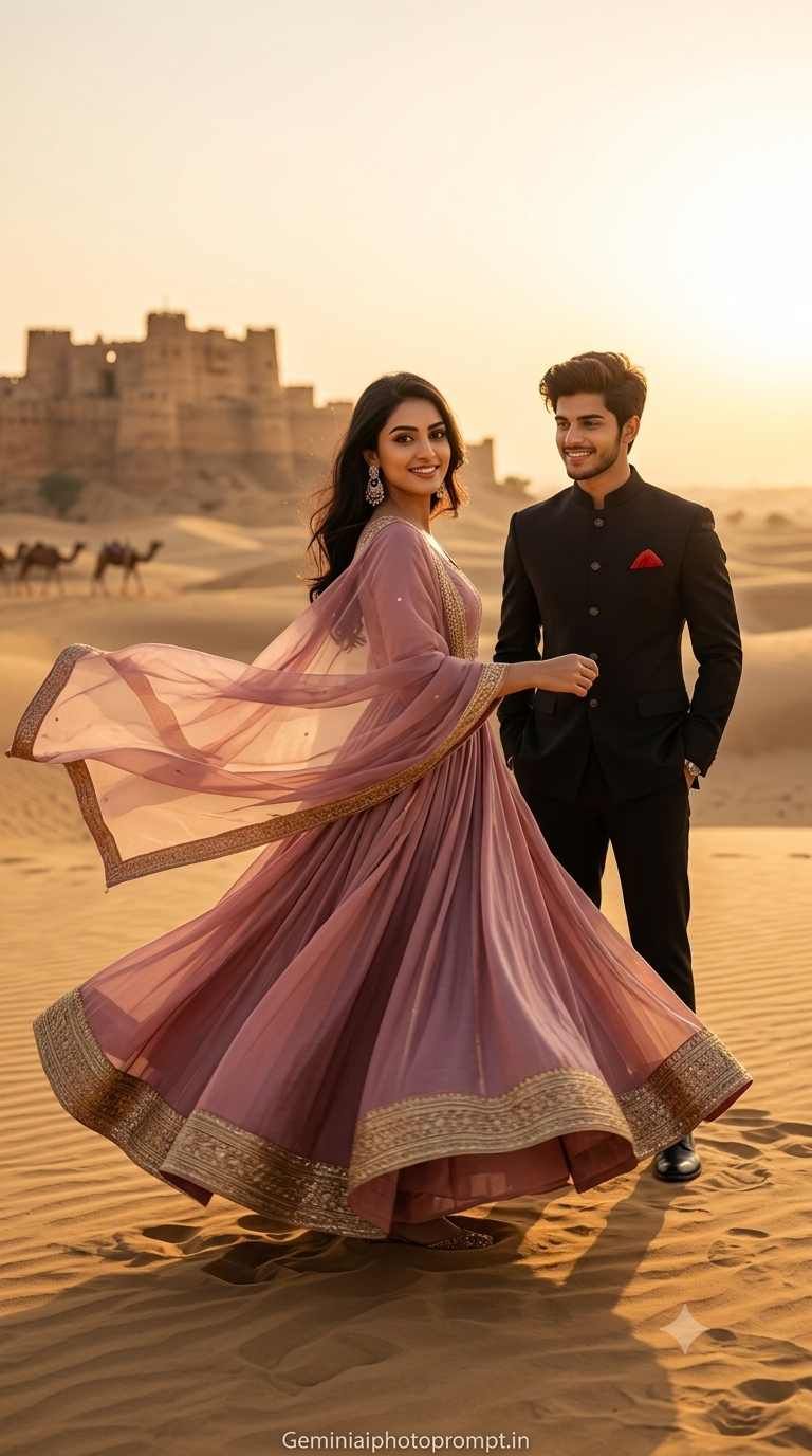 Indian couple in a desert gemini ai prompt instagram copy and paste
